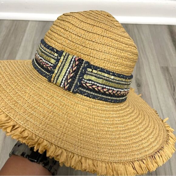 Steve Madden Sun Hat Women’s OS Tan Brown Straw Wide-Brim Floppy with Fringe - Picture 2 of 4